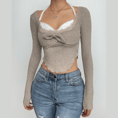 Bowknot fluffy halter patchwork long sleeve ruffle crop top