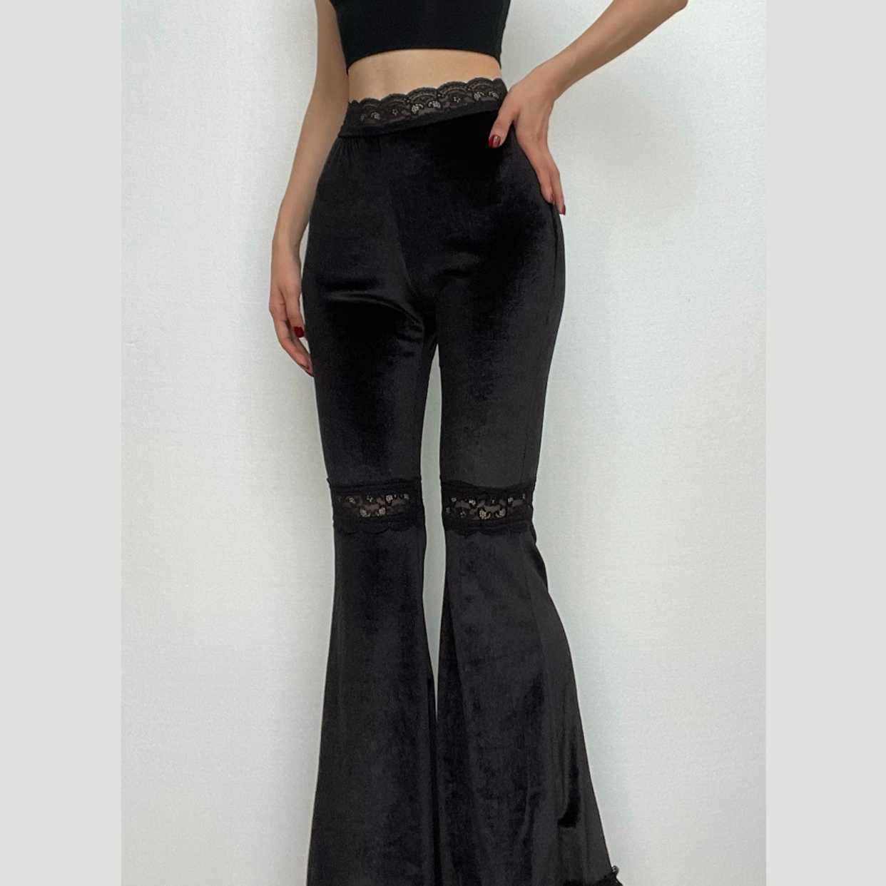 Mesh patchwork solid lace hem velvet flared pant