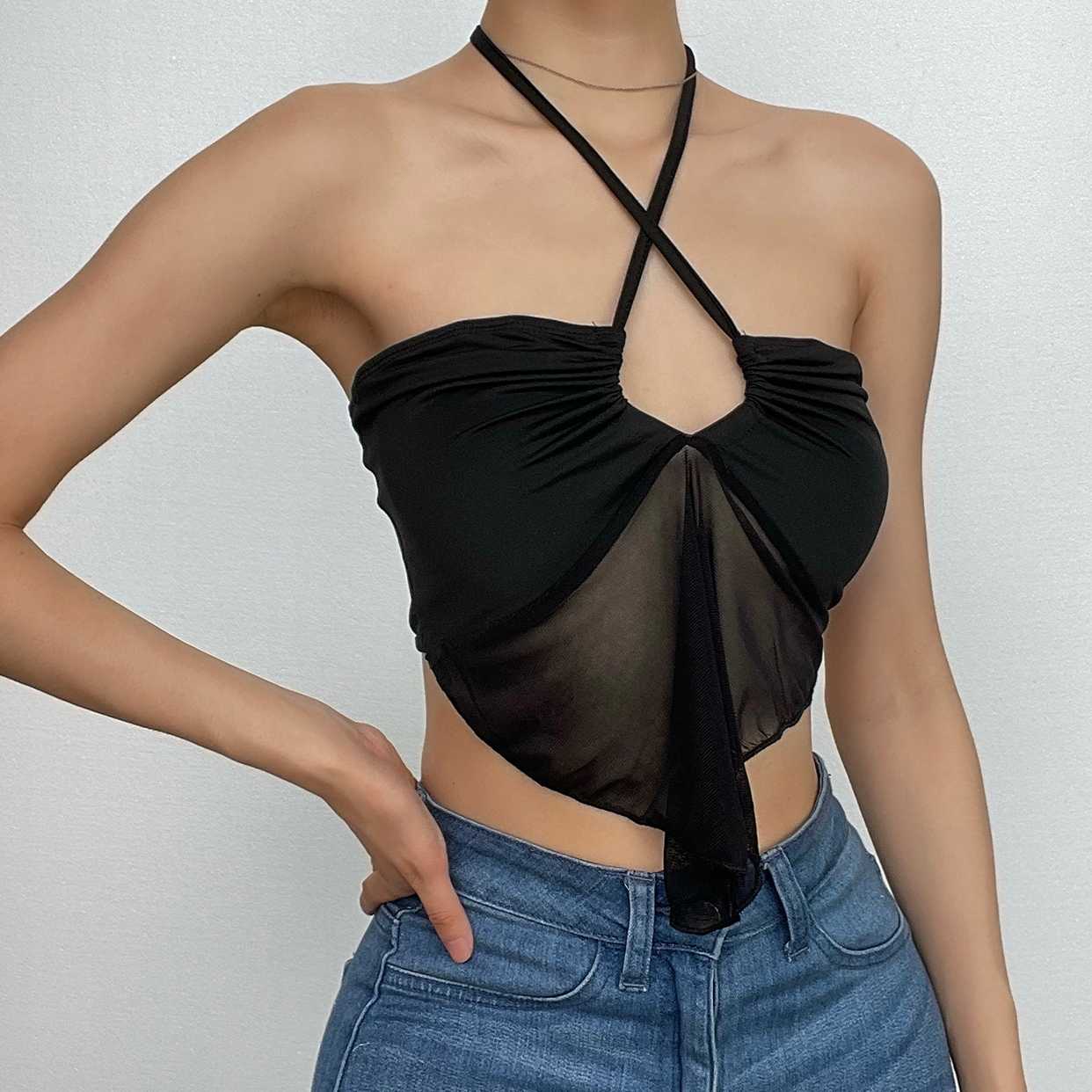 Mesh patchwork halter drawstring solid ruffle backless crop top