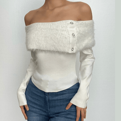 Fluffy off shoulder solid button long sleeve top