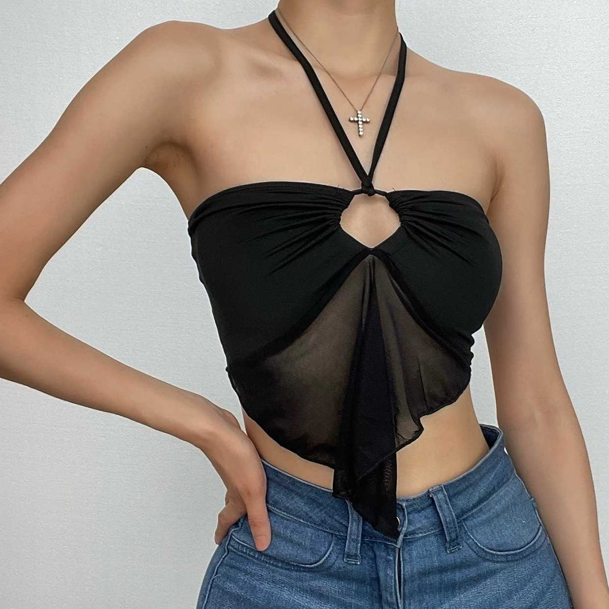 Mesh patchwork halter drawstring solid ruffle backless crop top