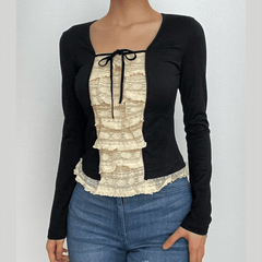 Lace patchwork contrast long sleeve self tie top