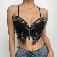 Butterfly pattern embroidery halter self tie backless crop top