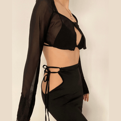 Long sleeve mesh crop top hollow out skirt set - Final Sale