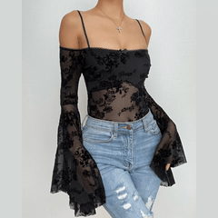 Mesh see through long flared sleeve off shoulder bodysuit