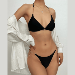 Solid halter metal chain self tie padded bikini swimwear