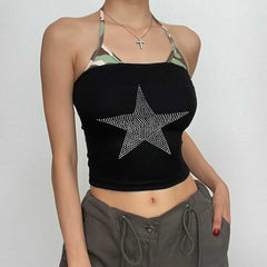 Star beaded camouflage patchwork halter contrast crop top - Final Sale