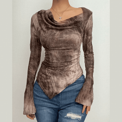 Cowl neck long flared sleeve tie dye ruched irregular top