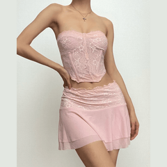 Corset lace patchwork tube ruffle low rise mini skirt set