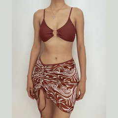 Contrast print drawstring o ring 3 piece swimwear