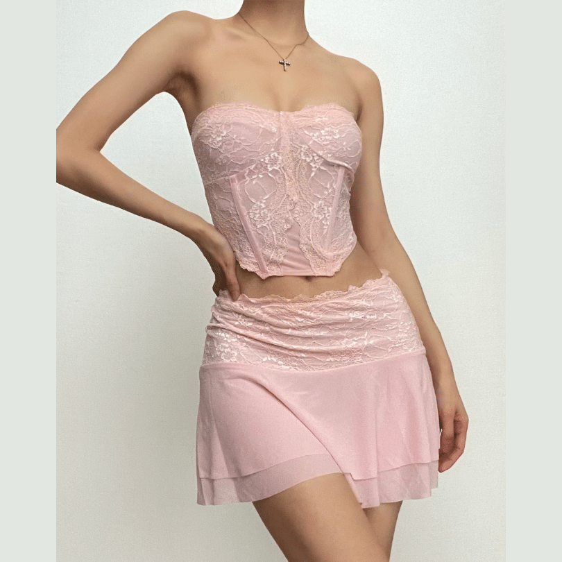 Conjunto de top y falda de tubo con dobladillo de encaje, sin mangas y espalda descubierta de malla sólida 