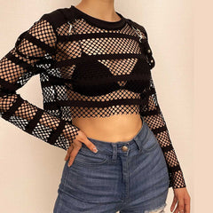 Hollow out long sleeve fishnet see through buckle solid crop top