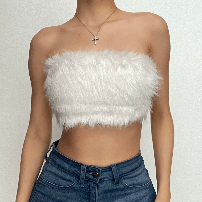 Fluffy zip-up back solid tube top