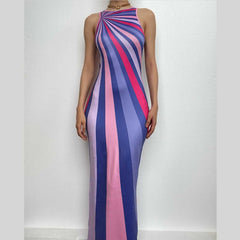 Striped contrast sleeveless backless crewneck maxi dress