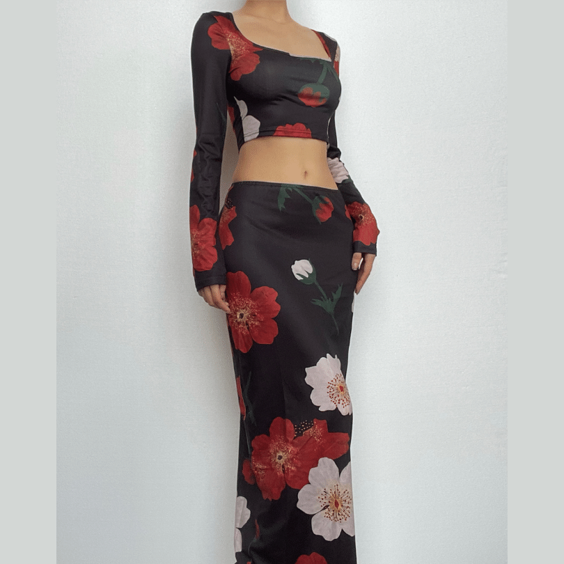 Flower print square neck long sleeve contrast maxi skirt set