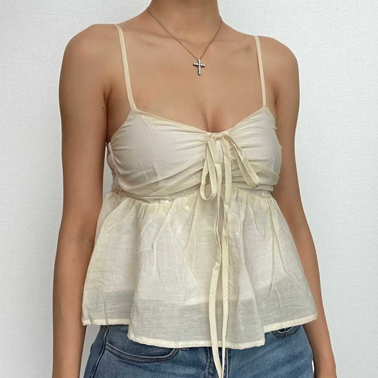 Solid ruched ruffle v neck smocked self tie cami top - Final Sale
