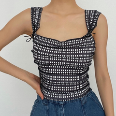 Square neck stitch knotted plaid print cap sleeve crop top