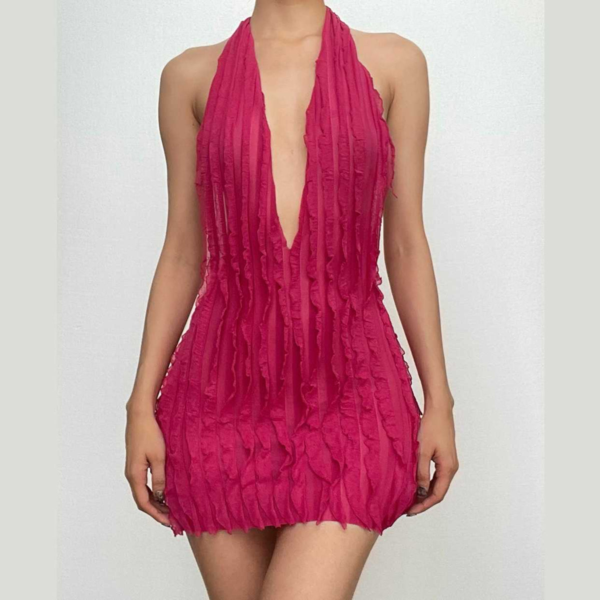 Vestido mini con cuello halter, espalda descubierta, cuello en V y volantes texturizados de color liso con lazo