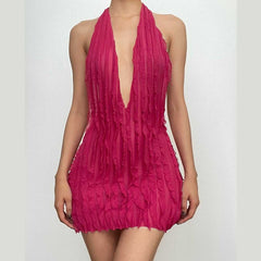 Textured ruffle solid halter self tie v neck backless mini dress