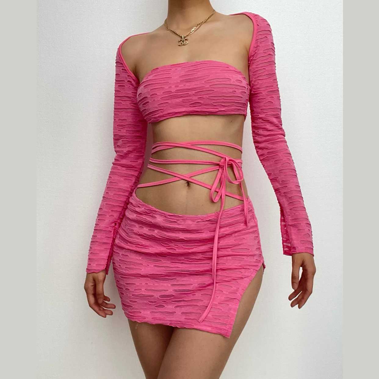 Conjunto de 2 piezas con top y falda de tubo con textura, manga larga, liso, con lazo en los hombros 