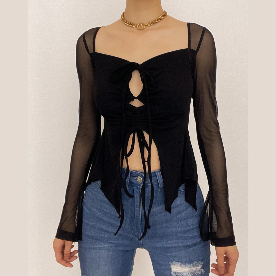 Mesh hollow out slit drawstring long sleeve halter self tie crop top