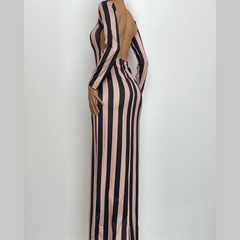 Striped print backless long sleeve contrast round neck maxi dress