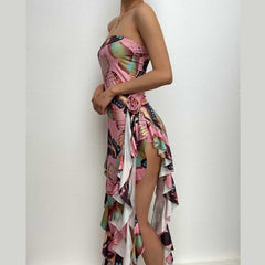 Butterfly print ruffle ribbon flower applique contrast backless maxi dress