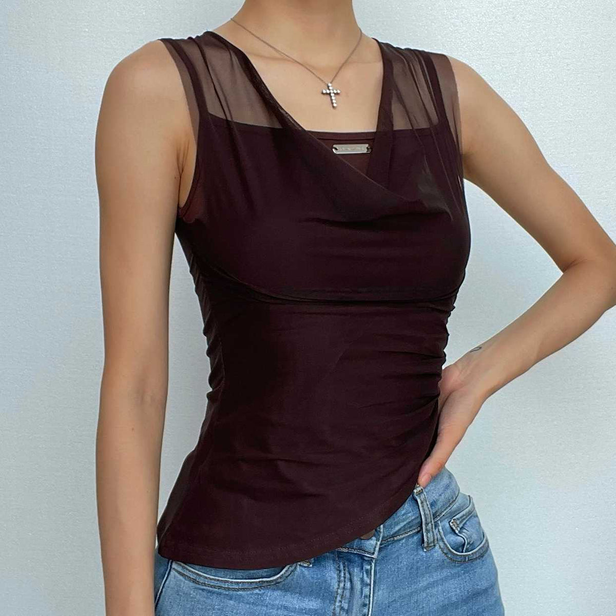 Mesh patchwork sleeveless cowl neck irregular top