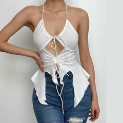 Hollow out ruched halter ruffled tie front top