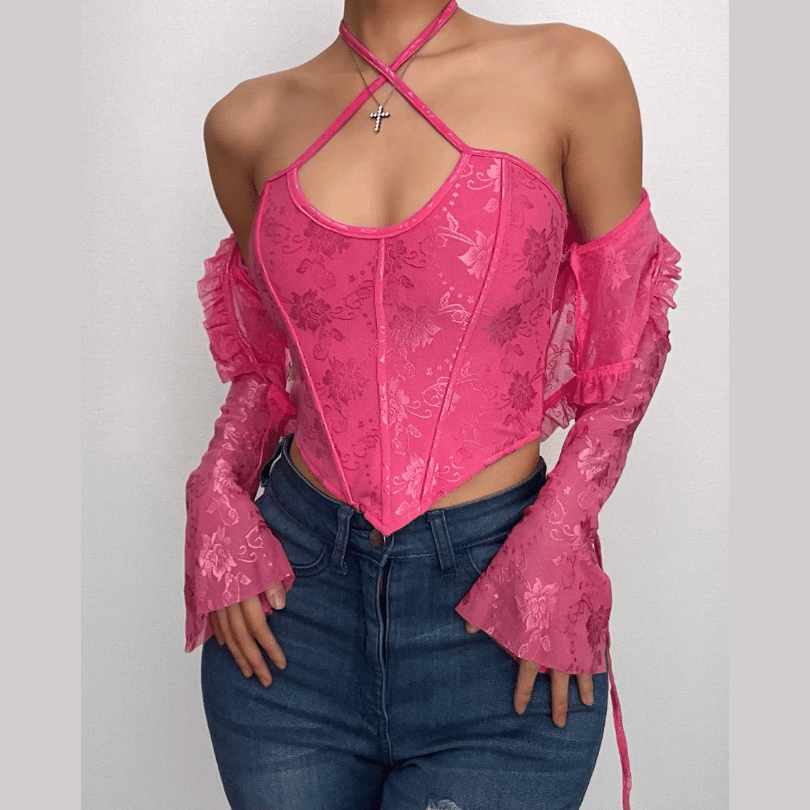 Lace corset long sleeve 2-way ruffle 2 piece crop top