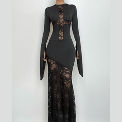 Lace cross patchwork hoodie long flared sleeve irregular maxi dress | victorian gothic dresses