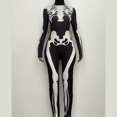 Skull pattern contrast high neck long sleeve jumpsuit