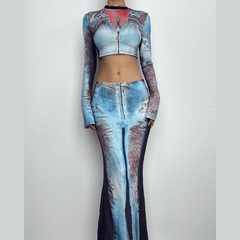 Contrast body print long sleeve high neck patchwork maxi skirt set