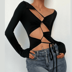 Ruched hollow out long sleeve solid irregular bodysuit