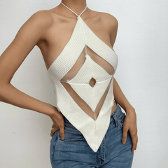 Knitted hollow out halter backless self tie top