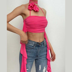 Einfarbiges Neckholder-Crop-Top mit Blumenapplikation und gerüschtem Band 