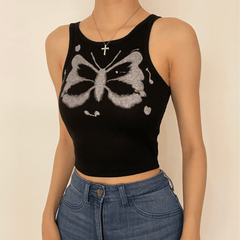 Camiseta sin mangas con estampado de mariposas y cuello redondo 