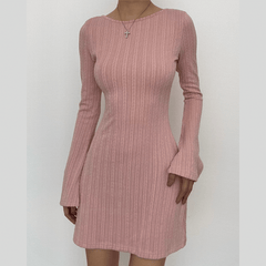 Long sleeve solid textured backless mini dress