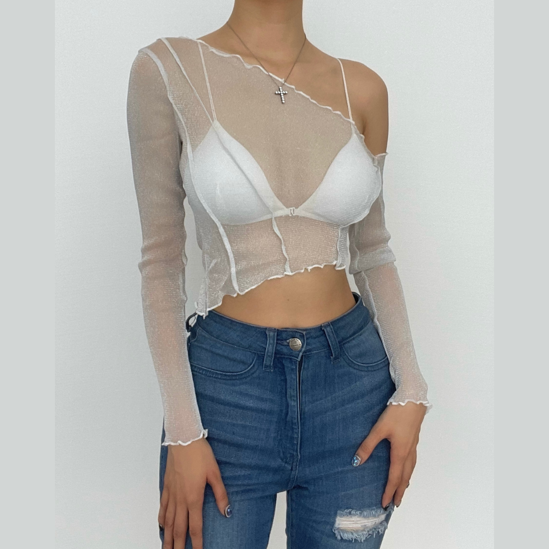 Long sleeve solid see through sheer mesh one shoulder ruffle crop top