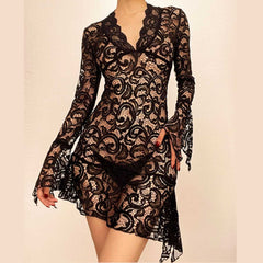 Lace see through flared sleeve v neck irregular solid mini dress - Final Sale