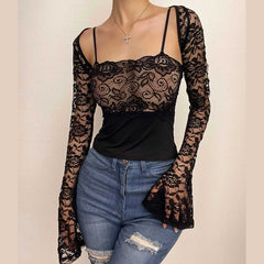 Durchsichtiges, langärmliges Shrug-Top mit quadratischem Ausschnitt und Spitze, 2-teiliges Camisole-Crop-Top – Schlussverkauf 