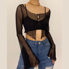 Zweiteiliges Crop-Top aus Mesh mit langen Ärmeln, Rüschen und Knöpfen, quadratischem Ausschnitt