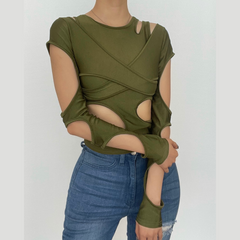 Langärmliges, einfarbiges, unregelmäßiges Crop-Top mit Aussparungen