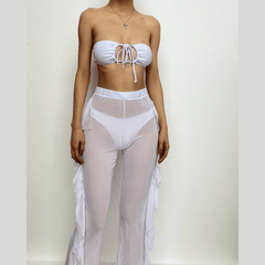 Solid halter self tie padded mesh pant 3 piece swimwear