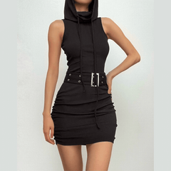 Hoodie turtle neck buckle sleeveless solid mini dress