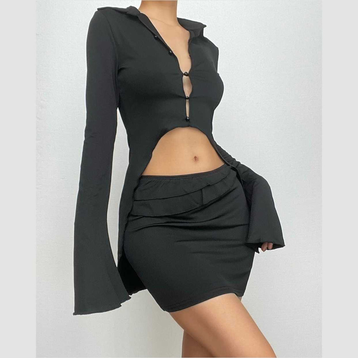 Turnover collar button flared sleeve ruffle mini skirt set