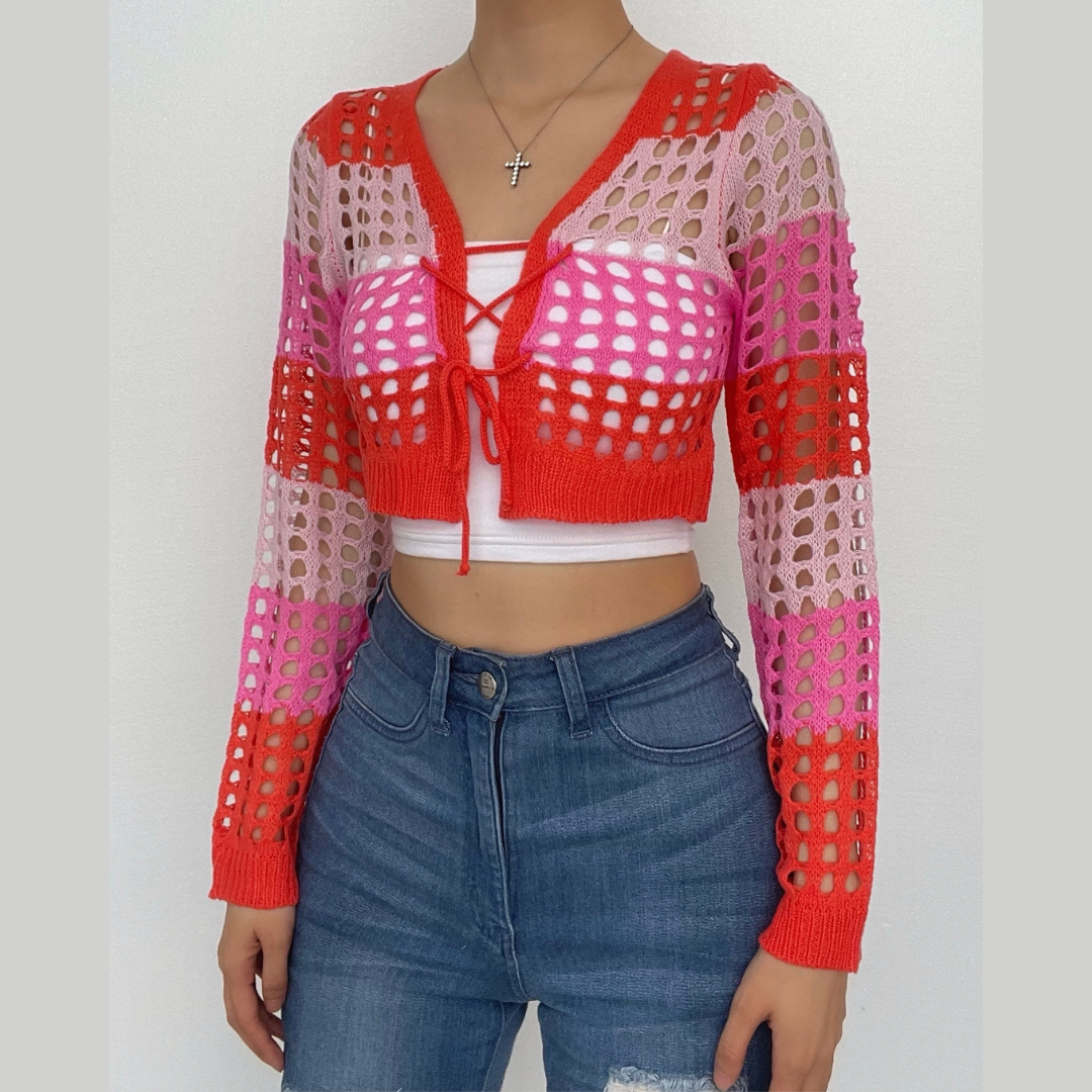 Crochet contrast long sleeve lace up hollow out crop top