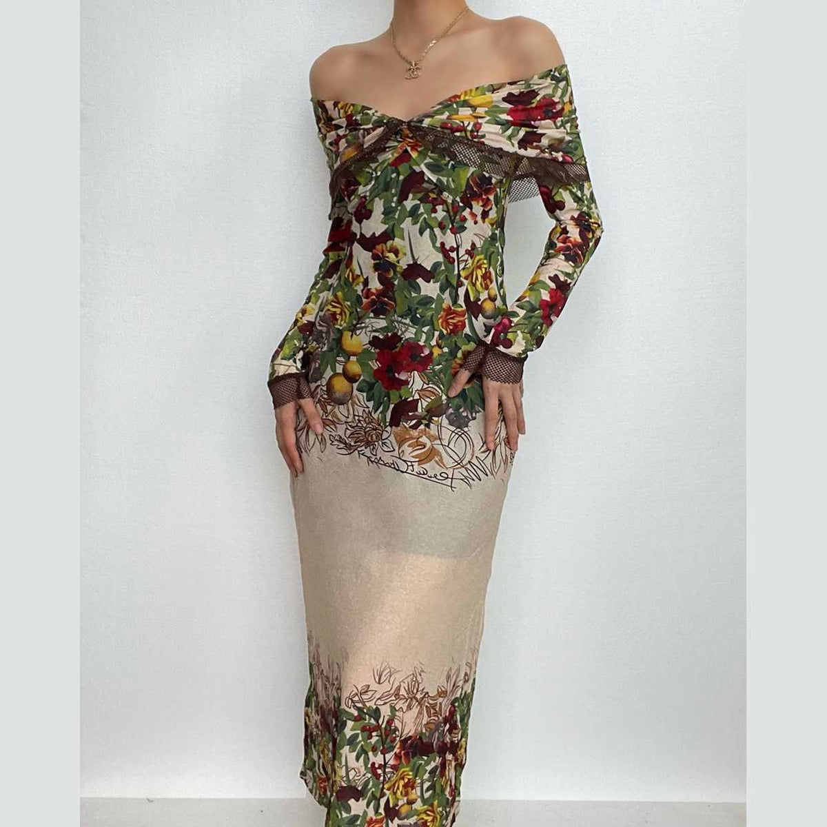 Mesh flower print contrast zip-up off shoulder long sleeve ruched midi dress