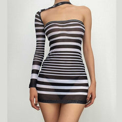 Irregular sheer mesh see through one shoulder striped mini dress