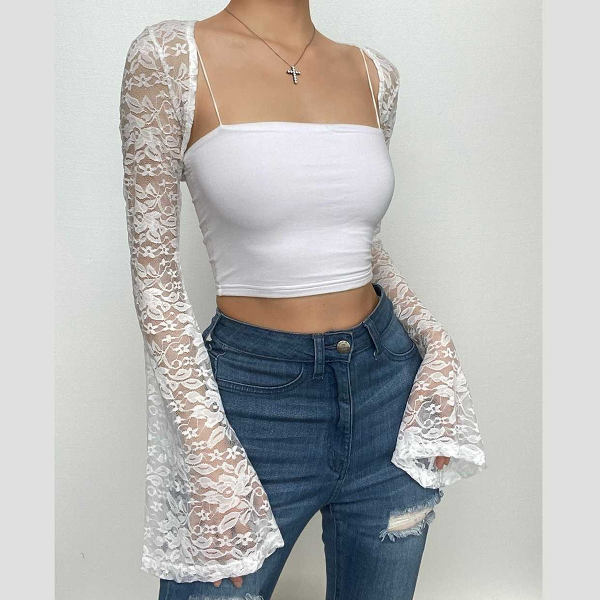 Flared sleeve lace hollow out solid shrug top